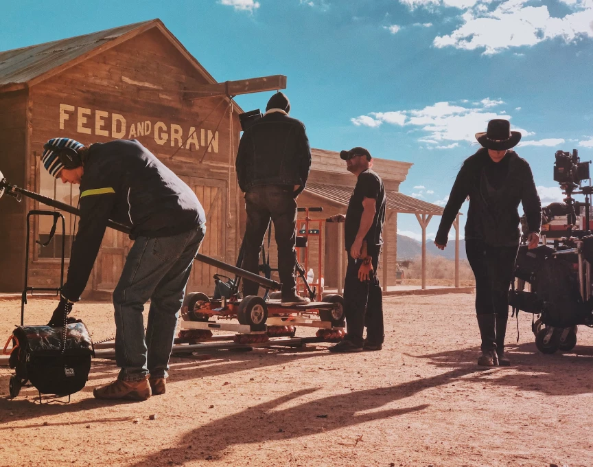 group of people ready for filming in the desert like location